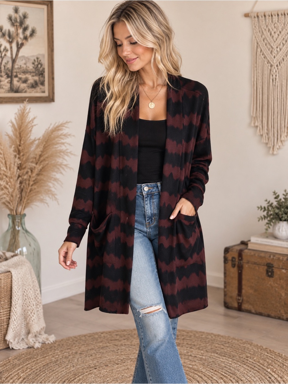 Anthropologie Sanctuary Brown & Black Open-Front Wave Cardigan